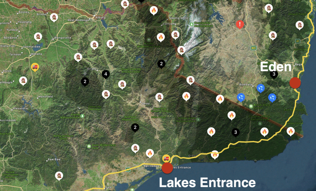 Brandherde in Südostaustralien am 9. Februar 2020 gemäss App «Australian Fires». In Gelb: Princess Highway